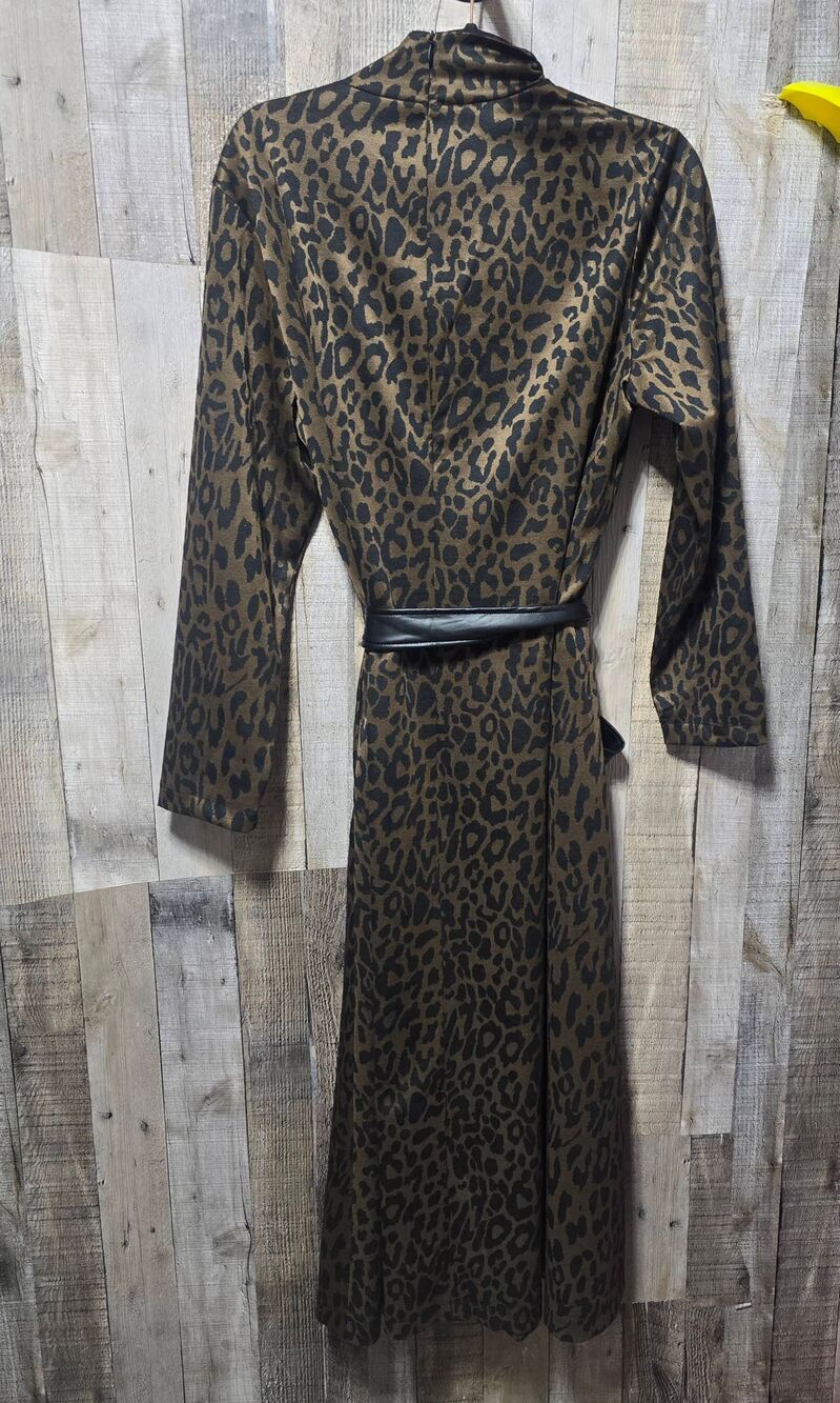 Anne Klein Espresso Leopard Print Midi Mock Neck Dress 14 Animal Fall Winter - Picture 3 of 5